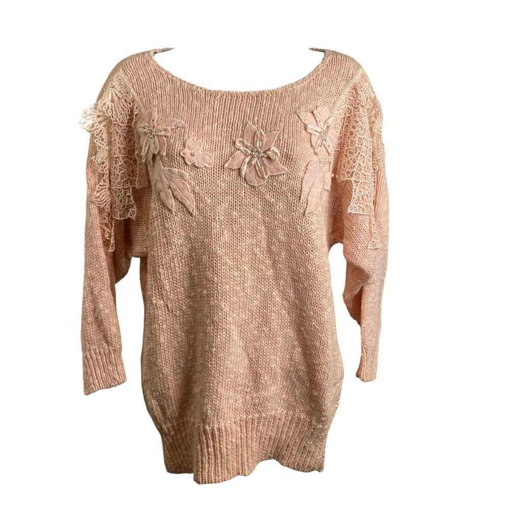 Bonnie & Bill Vintage Pink Embroidered Flowers Lace‎ Appliqué Sweater Size S